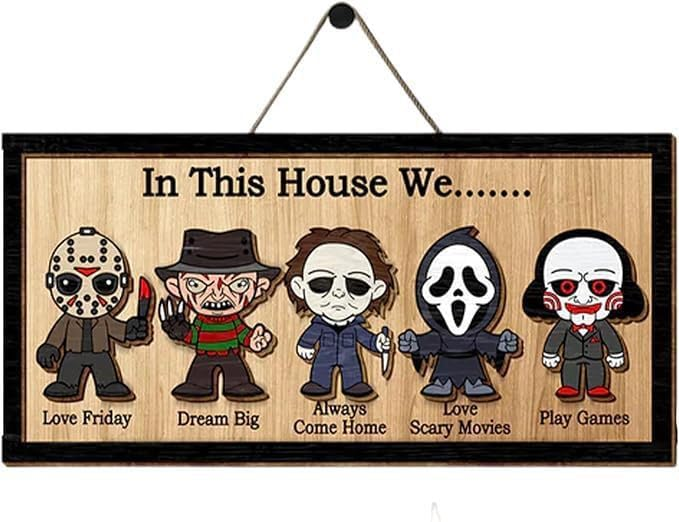 Horror-themed In This House We hanging sign with five cartoon-style characters